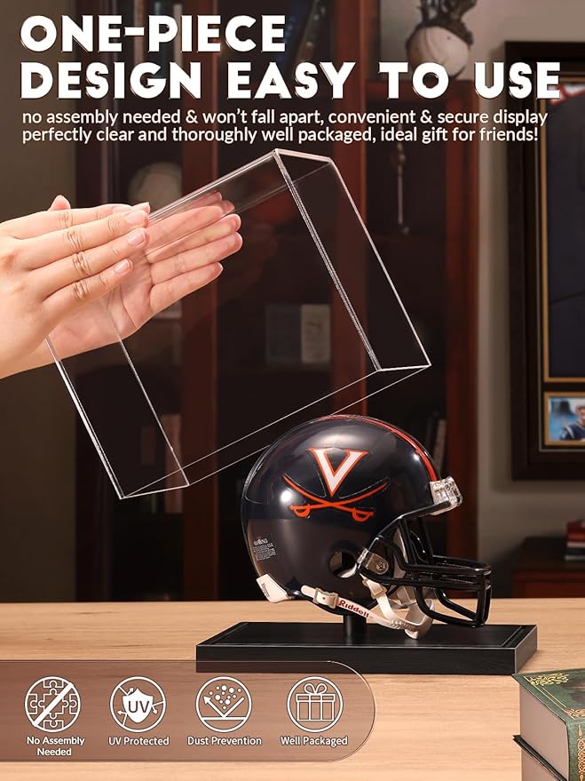 JupDec Mini Helmet Display Case, Acrylic Clear 1/2 Football Baseball Helmet Showcase, UV Protection Collectibles Box with Solid Wood Base & Riser, Ideal Gift for Sports Fans, Black,2 Pack