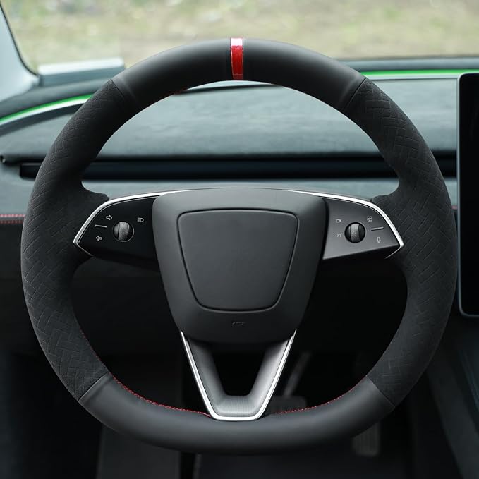 MEWANT Hand Stitch Real Leather Embossed Athsuede Steering Wheel Cover for Tesla Model 3 Highland 2025 Model Y Juniper