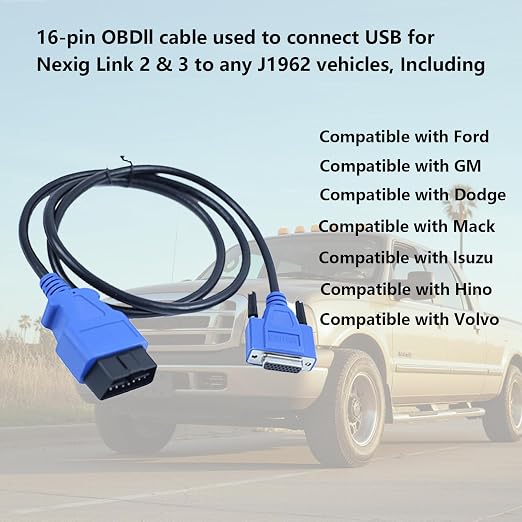 【2026 Updated】 493113 OBD2 Diagnostic Cable 16-Pin Adapter Compatible with Nexiq USB Link 2 & 3 for J1962 Vehicles - Fits Ford GM Dodge Volvo Mack Isuzu Hino and More