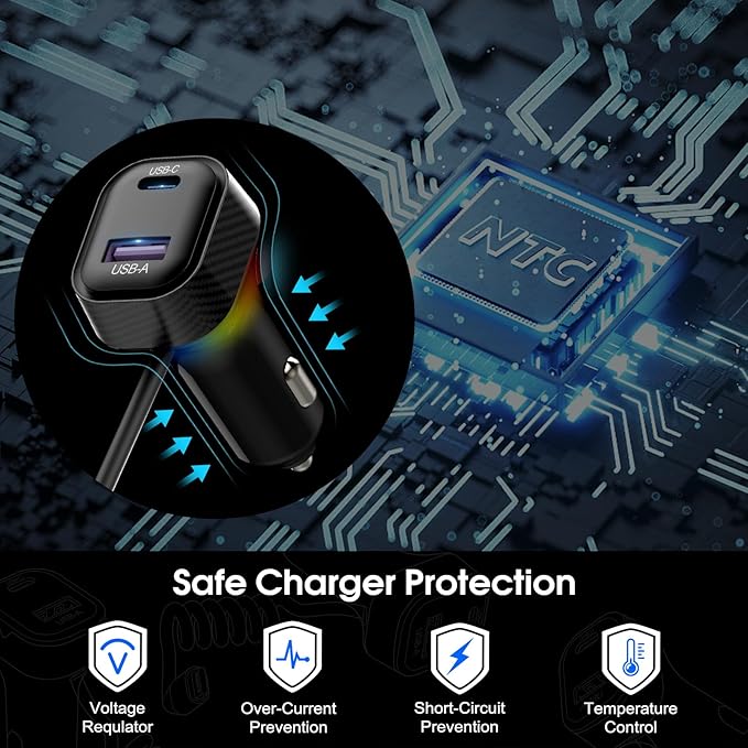 Car Charger 60W Super Fast Charging, QC3.0 USB C Car Phone Charger with 3.2ft PD 30W Type C Cable, 3 in 1 Car Adapter for iPhone 16/15/14/13Pro Max Plus Samsung Galaxy Google Pixel/Android Black