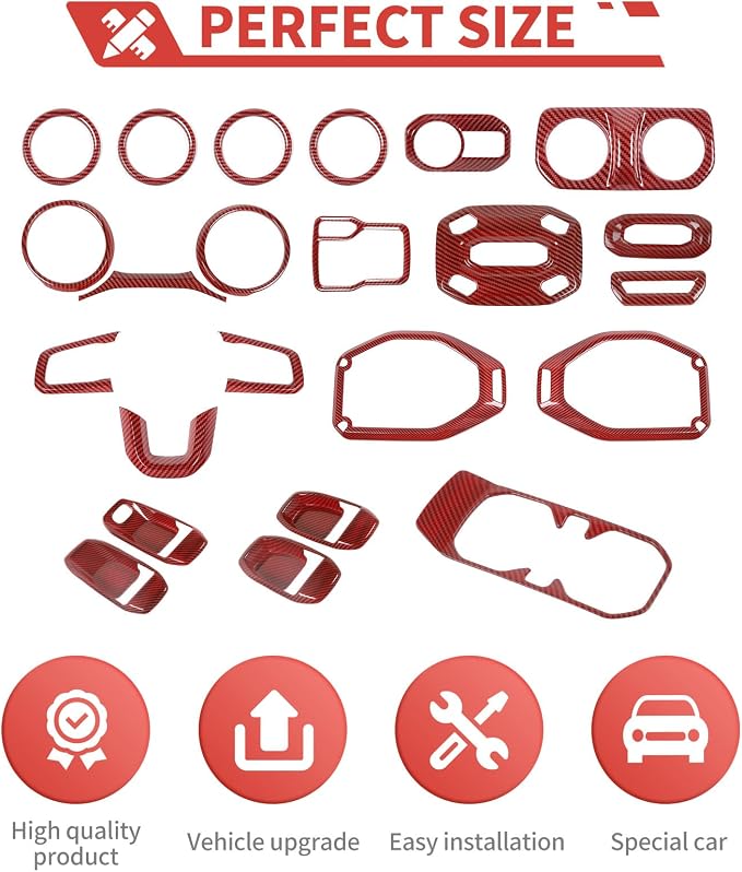 23pcs Full Set Interior Trim Kit for Jeep Wrangler JL JLU Gladiator JT 2018-2023 Steering Wheel Door Handle Air Conditioning Vent Cup Holder Reading Light Headlight Gear Cover, Red Carbon Fiber
