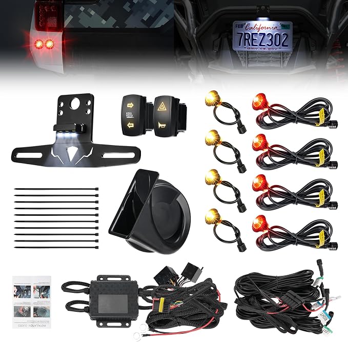 KEMIMOTO UTV Turn Signal Light Kit with 110D Horn, UTV ATV Blinker with Rocker Switch Compatible with Polaris, Can-Am, Teryx, CFMOTO (4 Amber & 4 Red Light, with Horn & License Plate Holder)