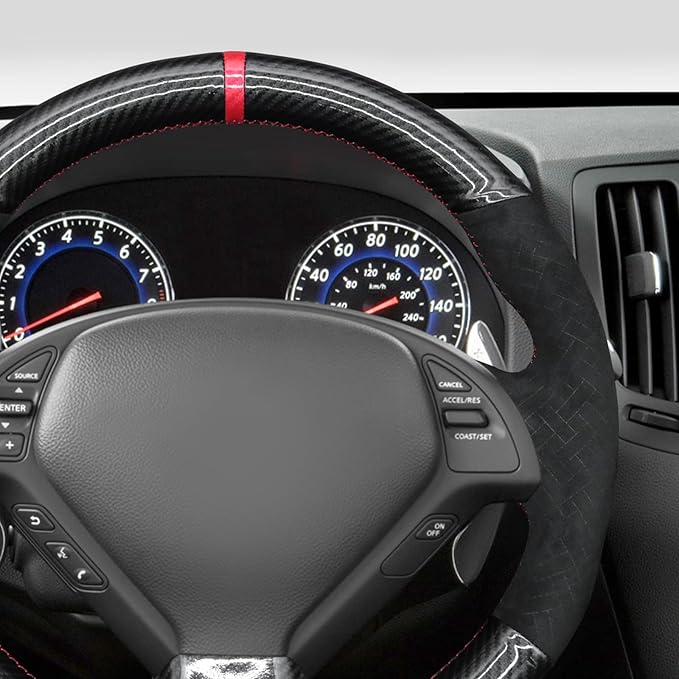MEWANT Steering Wheel Cover for Infiniti G25 G35 G37 EX35 EX37 Q60 QX50 Made of Shiny PU Carbon Fiber Embossed Athsuede
