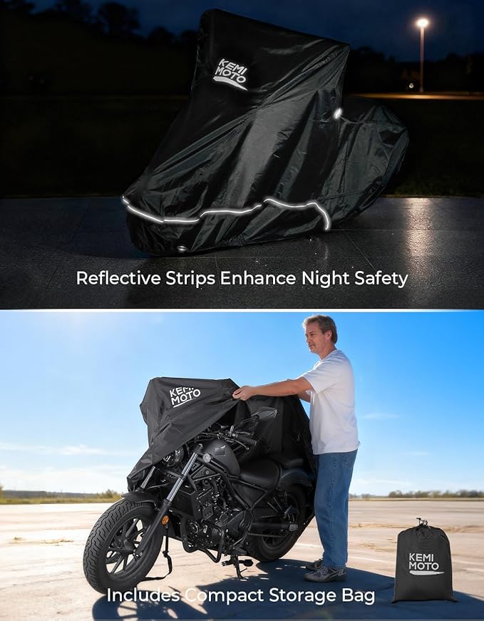 KEMIMOTO Heavy Duty 420D Motorcycle Cover Storage Bag Fit Waterproof Fit for Rebel300 500 1100 Sportster Iron 883 Shadow Vulcan S Boulevard S40 Outdoor All Weather Rain Snow Dust UV Cover & Lock Hole