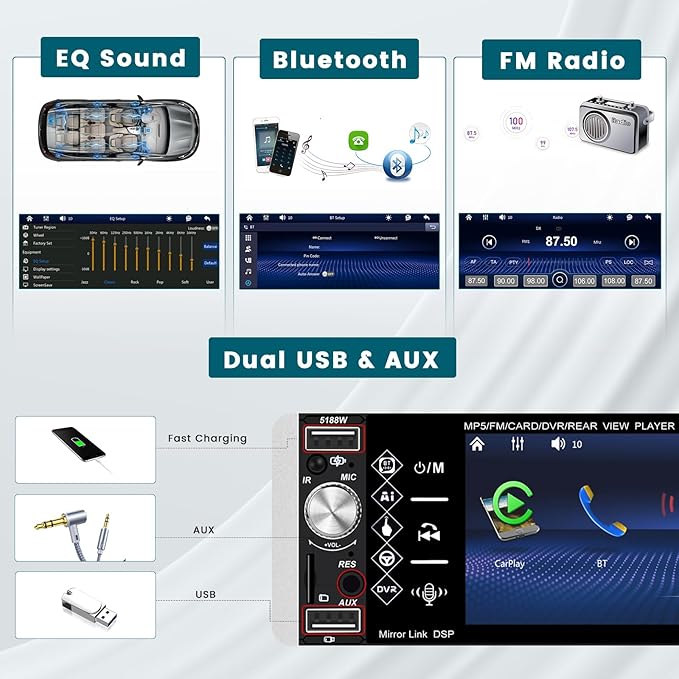 5.1 Inch Single Din Car Stereo Wireless Carplay Android Auto, Touch Screen Car Radio with Bluetooth AM FM RDS Radio Receiver Rear View Camera EQ Mirror Link