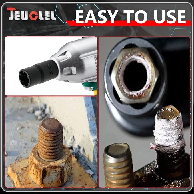 10PCS Twist Lug Nut Socket Set - 3/8 inch Drive Damaged Nut Lock Remover Extractor - Rusted & Stubborn Locking Nut Removal Tool Kit Center Punch Bar