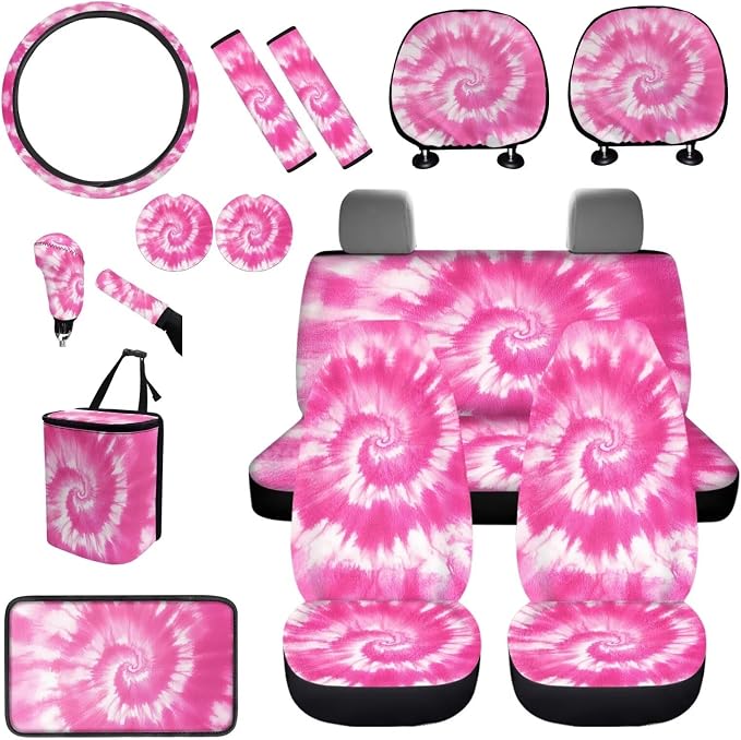 BIGCARJOB Pink Tie Dye Car Seat Cover Full Set 15 Pieces Tie Dye Car Interior Accessories Set with Universal Steering Wheel Cover Car Trash Can Hanging Seat Headrest Covers