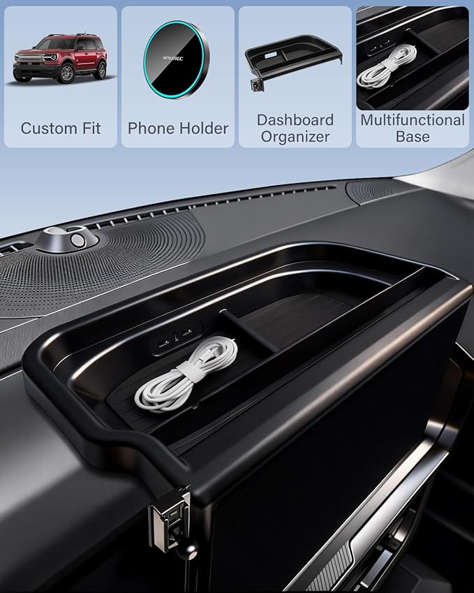 Dash Tray with Phone Holder for 2025 Ford Bronco Sport Dashboard Storage Console Organizer Accessories 13.2-Inch Screen, Magnetic Phone Holder for MagSafe, Magnets Wireless Charger Cell Phone Base