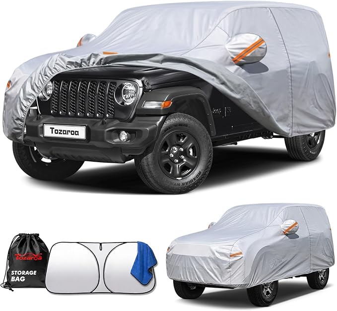 Car Cover Waterproof All-Weather,Heavy-Duty Outdoor Full Exterior Automobiles Snow Cover for Jeep Wrangler 4 Dr/Unlimited 4 Door JK JL(1987-2026),with Windshield Sun Shade,Towel&Storage Bag