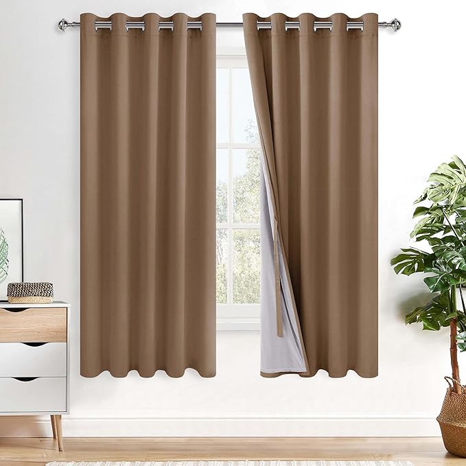 XWZO 100% Blackout Curtain Panels - Thermal Insulated Black Liner Curtains, Noise Reducing and Heat Blocking Drapes for Hall and Studio Windows with Tiebacks, Cappuccino, W60 x L63, Set of 2