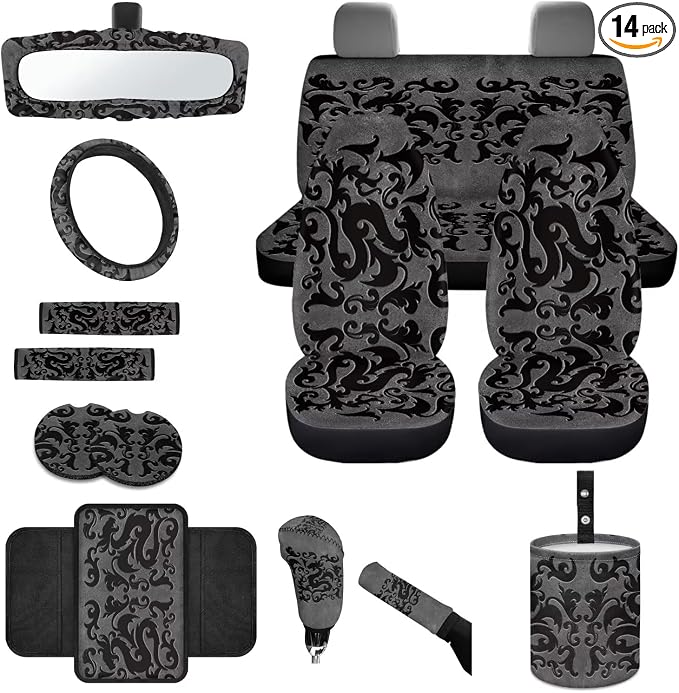 Dragon Print Car Seat Cover Set for Men Comfy Elastic Car Seat Protectors with Decorative Steering Wheel Cover Center Console Pad Safety Belt Pads Garbage Bag, Easy to Install