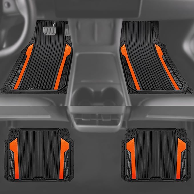 CAR PASS Heavy Duty Rubber Car Mats Metallic, Aluminum Film All Weather Floor Mats Waterproof Universal Trim to Fit SUVs Sedans Vans 4 Piece Anodized Deep Dish Two-Tone Sporty Black Orange Chrome