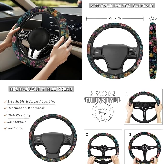 Moon Moth 15 PCS Car Seat Cover Full Set with Steering Wheel Cover Seat Belt Strap Pads Cup Coasters Trash Bag Rearview Mirror Cover Keychain Auto Interior Decor
