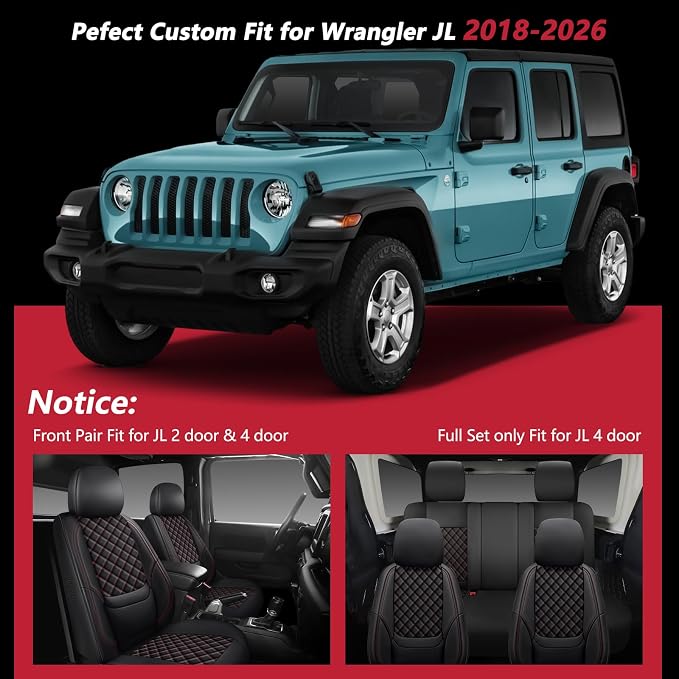Wrangler Seat Covers 2018-2026 Full Set, Waterproof Leather Interior Sets with Lumbar Support Custom Fit for Jeep Wrangler JL 4 Door Unlimited Sahara/Sport/Rubicon X 392 Willys, Black Red