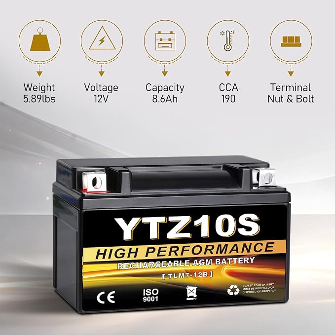 YTZ10S-BS 12V 9Ah AGM Sealed Motorcycle Battery, Maintenance-Free, Compatible with Yamaha Raptor, Honda CBR, BMW, Kawasaki, Suzuki