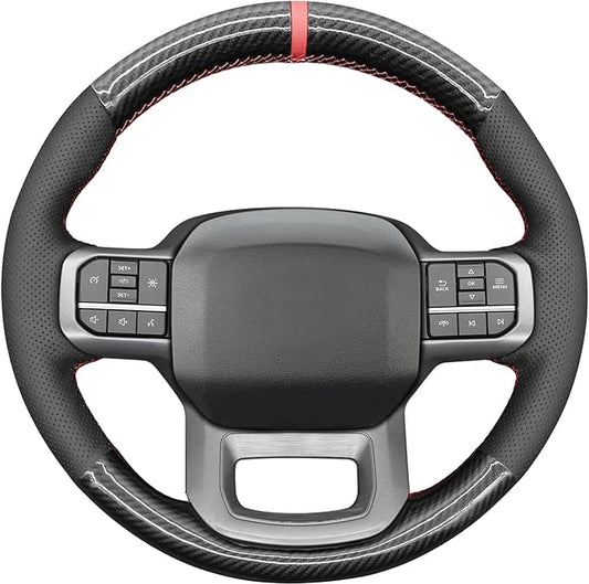 Leather Carbon Fiber Steering Wheel Cover for Ford F-150 2021-2026 /Ford F-250 F-350 F-450 F-550 F600 2023-2026 /Ford Expedition F150 Lightning 2022-2024 Hand Stitched Accessories Custom OEM
