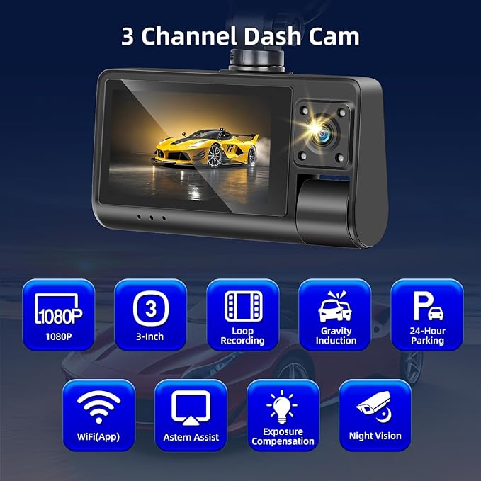 NHOPEEW 3 Channel Dash Cam for Cars, Dash Cam Front and Rear Inside, Bulit-in WiFi: 3 inch IPS Screen, 1080P Triple Dash Camera with 64GB Card, G-Sensor, Loop Record, Night Vision + Rearview Camera
