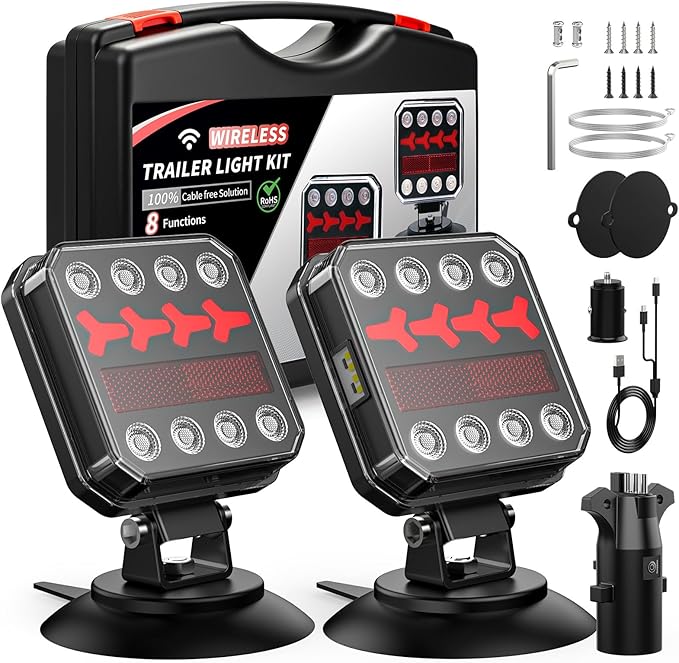 Wireless Bluetooth Magnetic Trailer Lights, Fast Charging LED Trailer Light Kits, IP65 Waterproof10H Battery 100FT Range for Trailer,Truck, RV, Camper,Boat – Brake,Turn,Reverse & Hazard Safety Lights