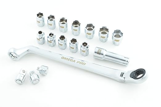 Omega Pro 83030 17 Piece 1/2" Drive Flexible Ratchet with Go Through Sockets, 11.2" Height, 12.5" Width, 13.3" Length