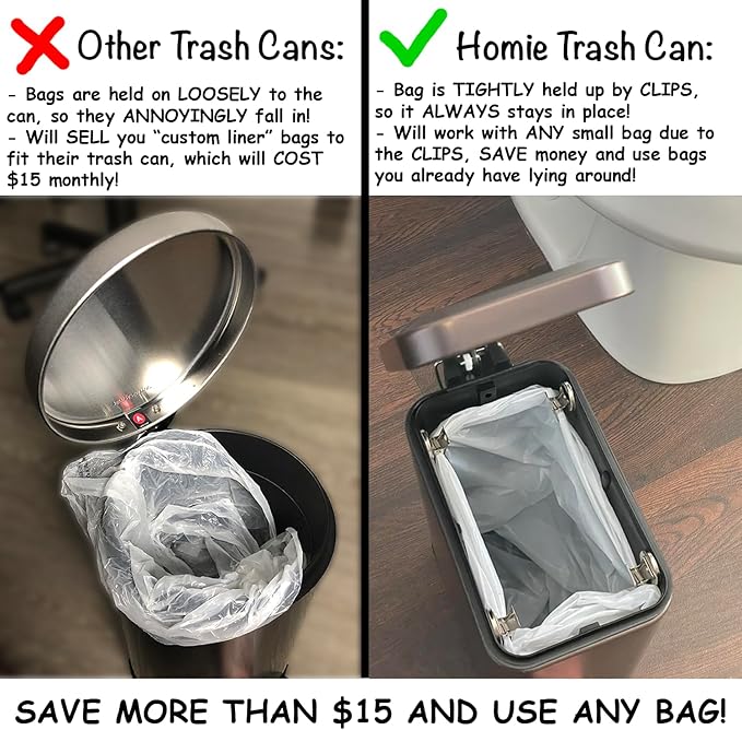 Homie Soft Close, Slim Trash Can 1.6 Gallon with Anti - Bag Slip Liner and Lid, Use as Mini Garbage Basket, Slim Dust Bin, or Decor in Bathroom, Restroom, Kitchen, or Bedroom (Bronze)