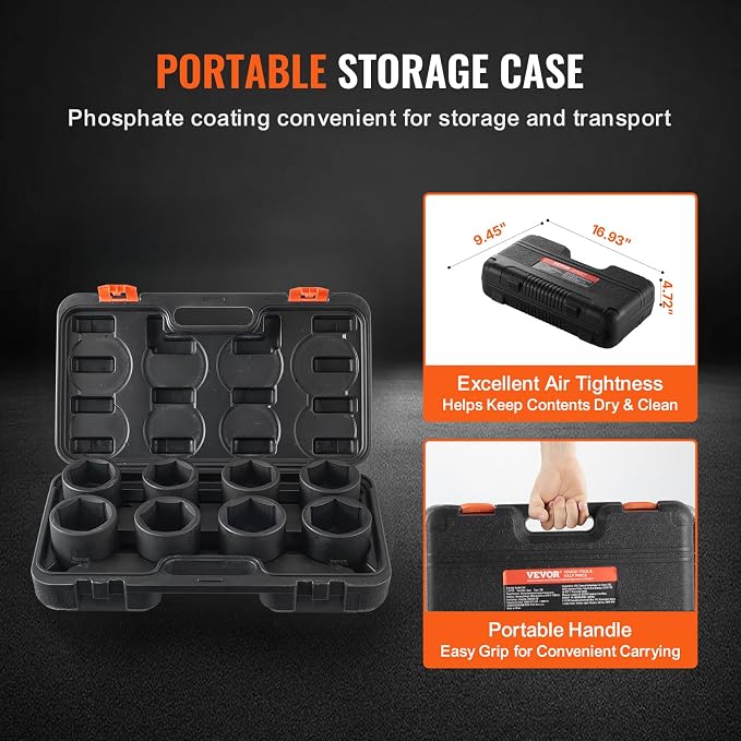 VEVOR Axle Nut Impact Socket Set - 3/4" Drive 6-Point 8-Piece SAE Spindle Nut Socket CR-MO Heat Treated Large Socket Set with Storage Case for Auto Repair, Removing or Installing Axle Nuts