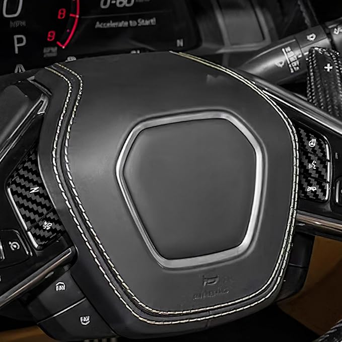 Steering Wheel Button Covers with Real Carbon Fiber - 5PCS for C8 Steering Wheel Button Stickers with Heating and Voice Control Button, for Corvette C8 2024 2025 Accessories (Black)