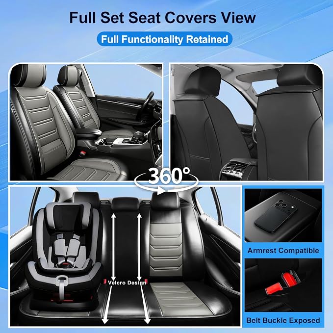 Fit ATS Car Seat Covers for Cadillac ATS 2013-2018 - Premium Full Coverage Leather, Airbag Compatible & Scratch-Resistant, Waterproof & All Weather Seat Protector, Front Pair Black+Gray
