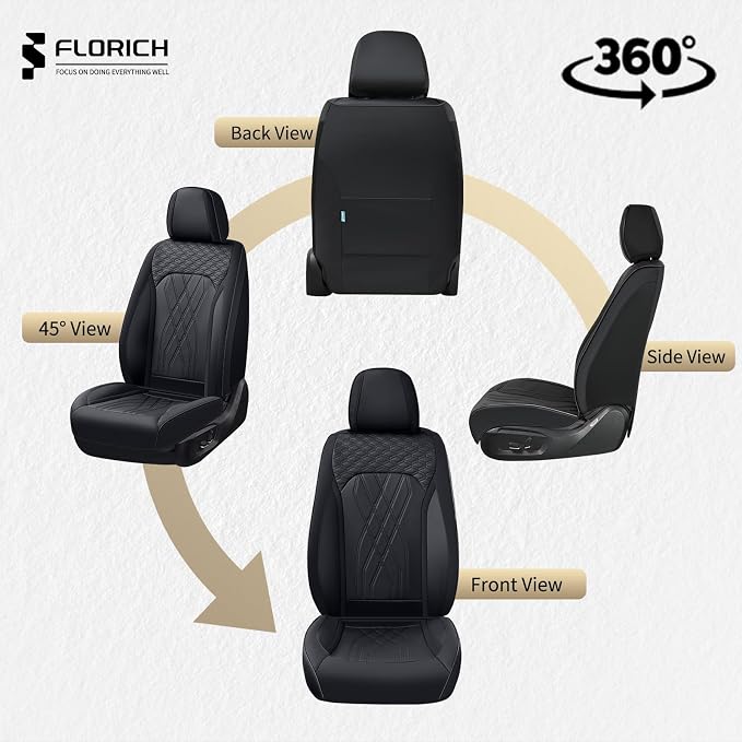 FLORICH Leather Cars Seat Covers Full Set, Waterproof Automotive Seat Covers Seats Full Wrapping Edge Seat Cushion Non-Slip Breathable Universal Fit for Most Car Truck SUV Seat Protection, Black
