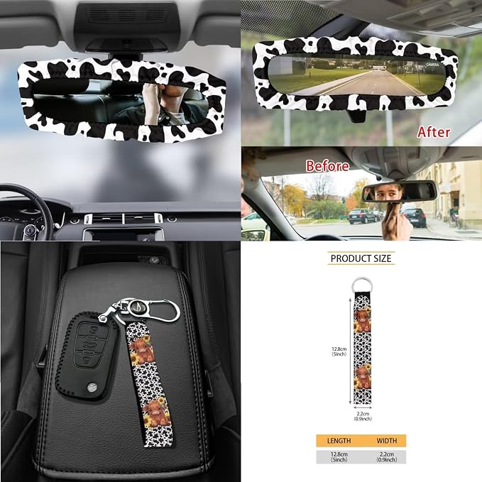 Highland Cattle Cow Sunflower Print 15pcs Car Accessories, Full Set Seat Covers, Streering Wheel Cover, Trash Bin, Seat Belt Pad, Keychain, Air Vent Bag, Coasters, for Most Van SUV Sedan