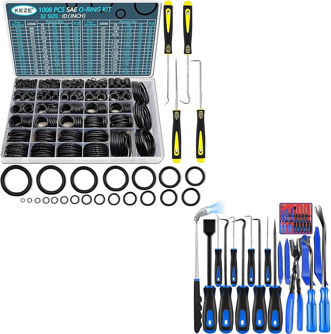 Keze 17 Pcs Hook and Pick Set Auto Trim Removal Tool Kit and 1008 Pcs SAE O Ring Kit