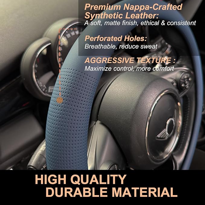 PINCTROT Nappa Leather Steering Wheel Cover, Slim Fit No Bulk Design, One Piece Leather with Breathable Perforation, Fit Like Gloves, Universal 14.5-15 Inch(Nappa Smoky Blue)