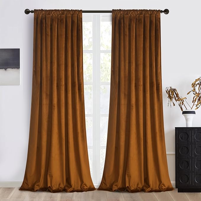 Roslynwood Luxury Soft Brown Velvet Curtains 108 inches Long Back Tab Thermal Insulated Blackout Window Drapes for Living Room/Bedroom/Dining Room, W52 x L108, 2 Panels
