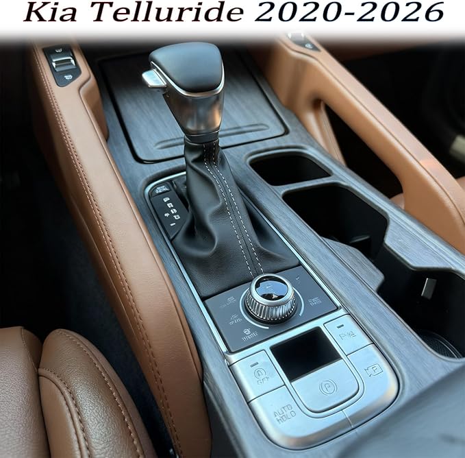 Center Console Frame Cover,for Kia Telluride 2020 2021 2022 2023 2024 2025 2026, Gear Shift Panel,Cup Holder Trim - Gray Wood Grain Protective Accessories
