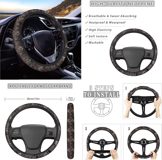 Deer Wood American Flag Print Auto Seat Covers Full Set, Maple Leaf 10 Pcs Universal Fit Car Accessories Steering Wheel Cover Car Trash Bin Keychain Coasters Air Vent Storage Box