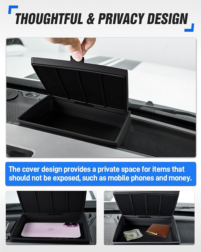 ROADER Dashboard Storage Organizer Tray Compatible with 2021-2025 Ford Bronco, Behind Screen Pocket Center Console Dash Organizer Box with Lid Cover Interior Storage Expansion Accessories