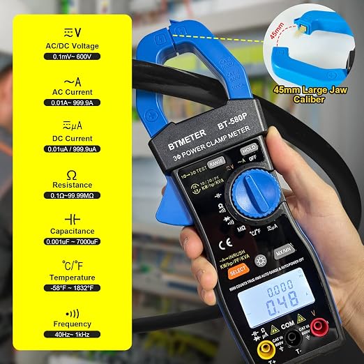 BTMETER 3-Phase True-RMS Power Clamp Multimeter with 9999 Counts, AC/DC Voltage & Amperage, KW/HP, Power Factor, KVA/VAR, Inrush Current & Temperature Test, Electrical Teste 580P
