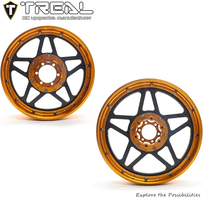 TREAL Losi Promoto MX Front and Rear Wheels(2P), CNC Machined Aluminum w Carbon Rims for Losi 1/4 FXR Motorcycle(Orange)
