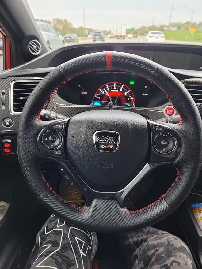 Loncky Carbon Fiber Black Genuine Leather Steering Wheel Cover for Honda Civic 9 Civic 2012 2013 2014 2015 Hand Stitched Custom Fit Car OEM Parts Interior Accessories