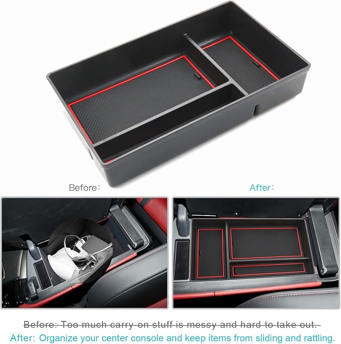 CDEFG Center Console Organizer Tray for 2022 2023 2024 Lexus NX 250 350H 450H Accessories Armrest Storage Box Secondary Insert Tray Coin Container Black ABS Material with 1 Colored Mats (Red Trim)