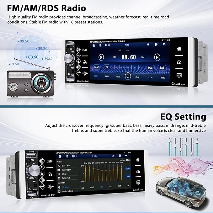 Inefala 5.1" Touchscreen Single Din Radio Carplay Android Auto Car Stereo with Bluetooth Car Audio Receiver FM EQ SWC TF AUX USB with Backup Camera