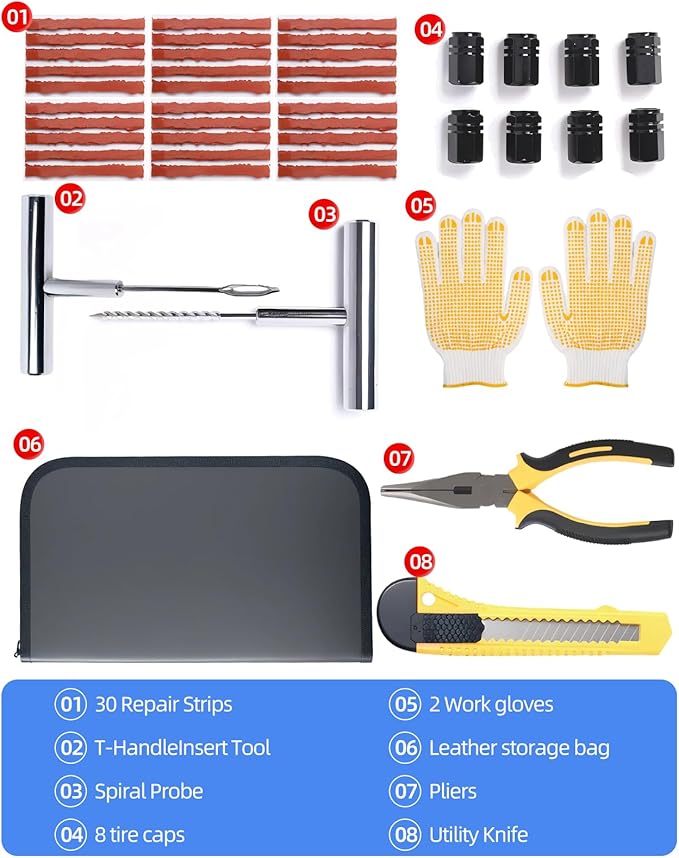 YANTU Tire Repair Kit With Plugs And Digital Tire Pressure Gauge & 30 Rubber Strips,Tire Plug Kit And Tire Patch Kit With Heavy Duty Professional Tool Set for Car, Motorbike, UTV, Off-Road Emergencies