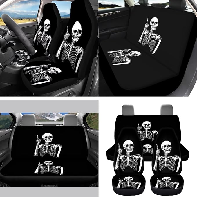 Finger Skull 15 PCS Car Seat Cover Full Set with Steering Wheel Cover Seat Belt Strap Pads Cup Coasters Trash Bag Rearview Mirror Cover Keychain Auto Interior Decor