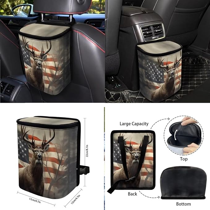 Deer American Flag Pattern Car Accessories Set of 10, Anti Slip Front/Back Bench Bucket Seat Cover, Steering Wheel Cover, Car Trash Can, Cup Coasters, Keychain, Air Vent Pocket Bag