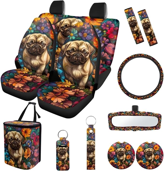 Suobstales Pug Dog Daisy Print Car Accessories Auto Seat Covers Full Set of 13 with Steering Wheel Cover, Seat Belt Pads, Trash Can, Coaster, Rearview Mirror Cover, Keychains for SUV Van