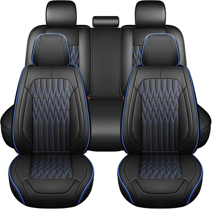 Huidasource Black & Blue Car Seat Covers, Waterproof Faux Leather Universal Fit Most Cars Sedans SUVs Trucks Airbag Compatible, Cup Holder Access, Car Seat Compatible, Easy Install, Wipes Clean