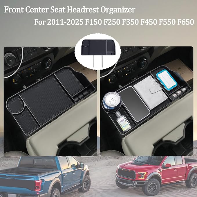 JDMCAR Front Center Seat Headrest Organizer and Underseat Storage Organizer Compatible with 2015-2026 Ford F150 F250 F350 F450 F550 F650 Accessories