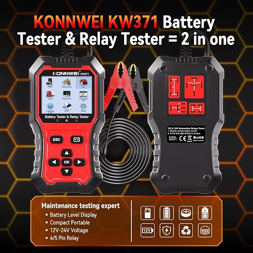 KONNWEI KW371 Battery Tester & Relay Tester | Tests 6V/12V/24V car batteries (AGM/GEL/EFB/Lithium) & 4/5-pin automotive relays. Checks CCA, charging & starting system.