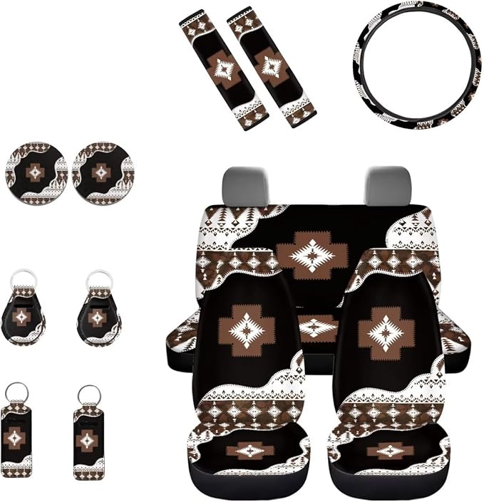 INSTANTARTS Southwest Africa Aztec 13-Piece Car Accessory for Men Women Front and Rear Seat Covers Steering Wheel Cover Key Fob Coaster Lipstick Cover Washable Protective Cover