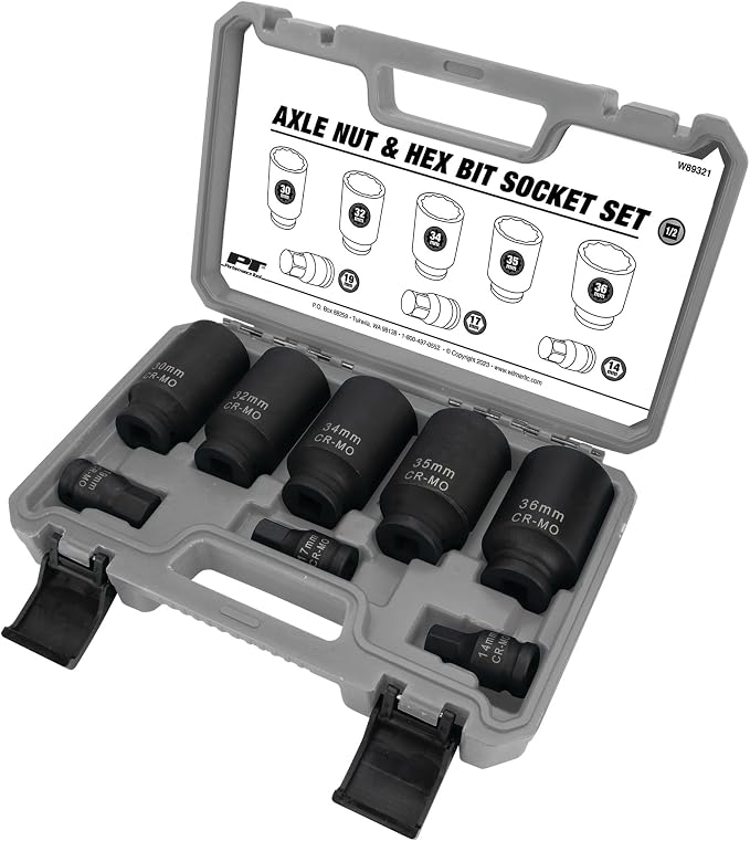 Performance Tool W89321 Axle Nut and Hex Bit Socket Set (8 Pieces) - Chrome Molybdenum Steel Construction, Extra-Deep Sockets for Secure Grip, Corrosion Protection, Fitted Storage Case - 1/2 in. Drive