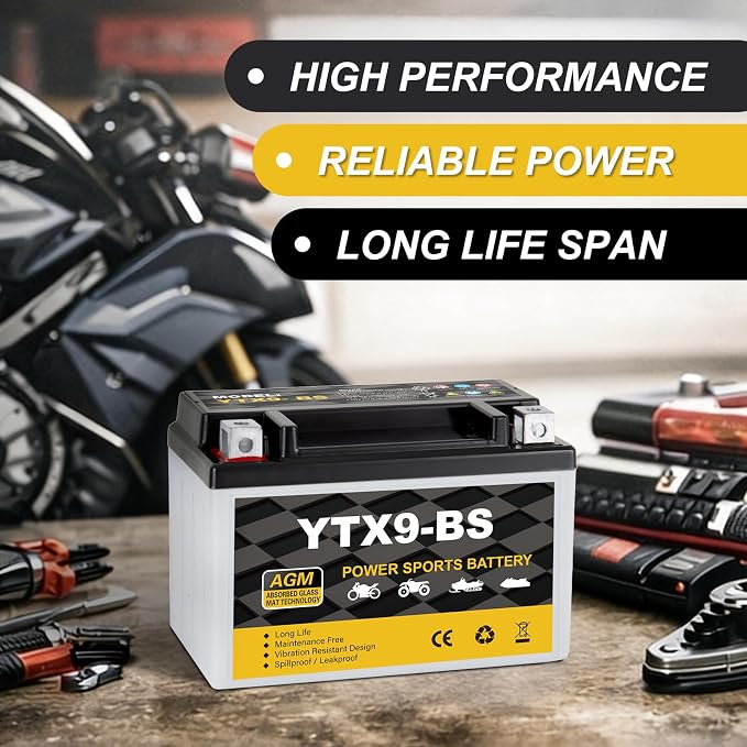 YTX9-BS Motorcycle Battery 12V 8Ah, 120 CCA Sealed AGM Rechargeable Maintenance Free Battery, Replacement for ATV, Scooter, Dirt Bike, ETX9, CTX9-BS